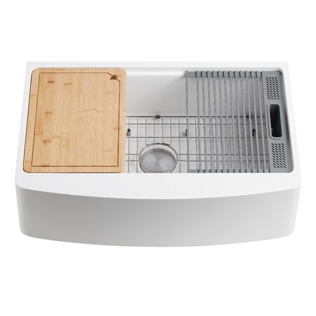 Kingston Brass 30" Solid Surface White Stone Apron-Front Single Bowl Farmhouse Kitchen Sink in Glossy White GKKA30229