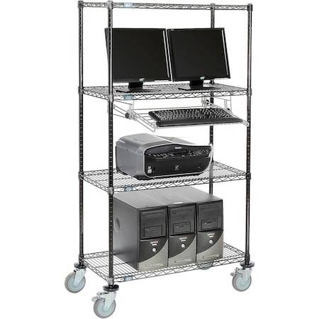 Global Industrial Nexel 4-Shelf Mobile Wire Computer LAN Workstation w/ Keyboard Tray, 36"W x 18"D x 69"H, Black 250113BK