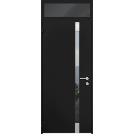 Vdomdoors Steel Door Cynex 6777 Black Transom Window Stainless Inserts Single Modern Painted-W36xH80+16-Left- CYNEX6777EXD-BLK-W36 x H80+16-Left-hand Outswing