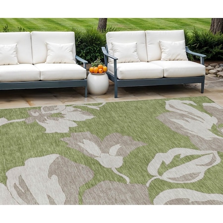 Homeroots 9' X 12' Olive Green Taupe And Beige Floral Washable Indoor Outdoor Area Rug 589564