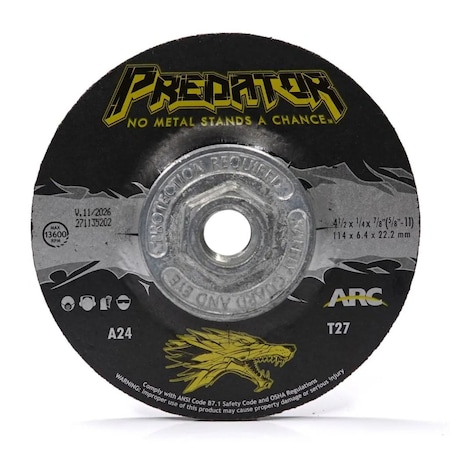 Arc Abrasives Depressed Center Grinding Wheel, Type 27, 4 1/2 in Dia, 0.25 in Thick, 5/8"-11 Arbor Hole Size 845045801