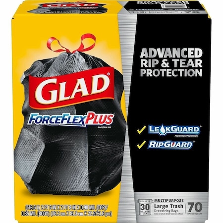Clorox Glad ForceFlex Plus Outdoor Drawstring Trash Bags - Black, 30 Gal, 1.05 Mil, 70/Box - 70358