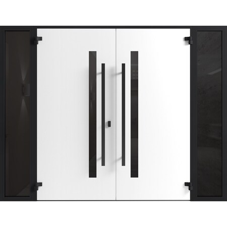 Vdomdoors Front Exterior Prehung Aluminum Double Doors Ronex0144 Grey 2 Sidelights Mirrored Clear Glass Entry RONEX0144DEXD-GRE-W12+72+12xH80-RH-O