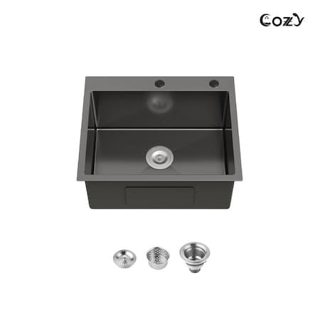 Wrightmaster 23 in. Drop-In Single Bowl 20 Gauge Black Stainless Steel Kitchen Sink with Drain and Hook ZOR-BL02D-231908