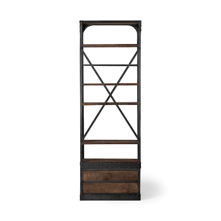 Homeroots Black Iron and Solid Wood Five Tier Bookcase with Two Drawers 392225