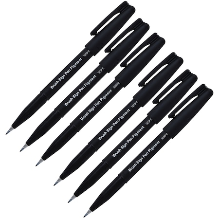 Pentel Sign Pen Brush, Open Stock, Black Pigment Ink, 6PK SESP15-A