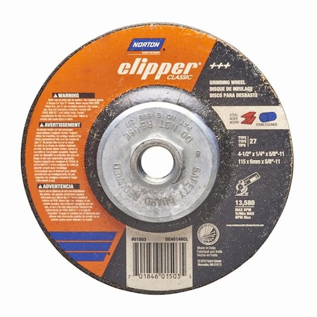 Norton Co 4.5 x 0.62-11 in. Clipper Classic Grinding Wheel 2027311