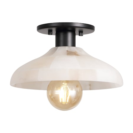 Jonathan Y Amara 10" 1-Light Mid-Century Classic Alabaster/Iron LED Semi Flush Mount, White/Black JYL1207B