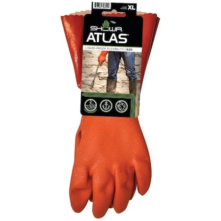 Showa Atlas Showa Coated Gloves, XL, 12 in L, Gauntlet Cuff, PVC, Orange 620XL-10.RT