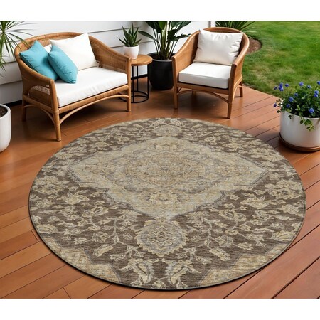 Homeroots 8' Chocolate Beige And Gray Round Oriental Washable Indoor Outdoor Area Rug 605237