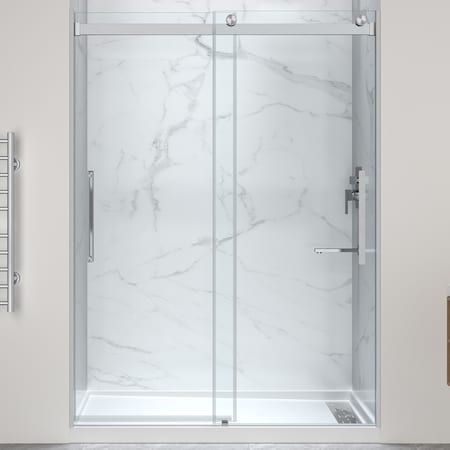 Anzzi 76'' x 45-48'' Sliding Frameless Shower Door in Brushed Nickel with Right Drain Alcove Shower Base SD-5901103R-BN