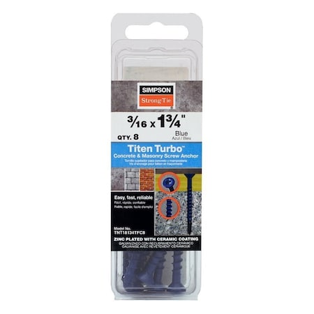 Simpson Strong-Tie Titen Turbo Screw Anchor, 3/16 in Dia, 1-3/4 in L, Carbon Steel, Ceramic-Coated/Zinc TNT18134TFC8