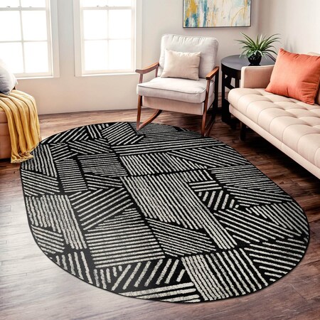 World Rug Gallery Contemporary Boho Stripes Non Shedding Soft Area Rug 5 ft x 7 ft Oval Black 396BLACK5OV