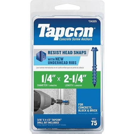 Tapcon 1/4 in. D X 2-1/4 in. L Steel Hex Head Concrete Screw Anchor 75 pk 24325
