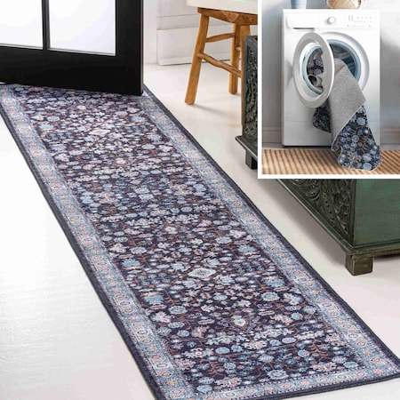 Jonathan Y Kemer All-Over Persian Non-Slip Machine-Washable Black/Blue 2 ft. x 8 ft. Runner Rug WSH104D-28