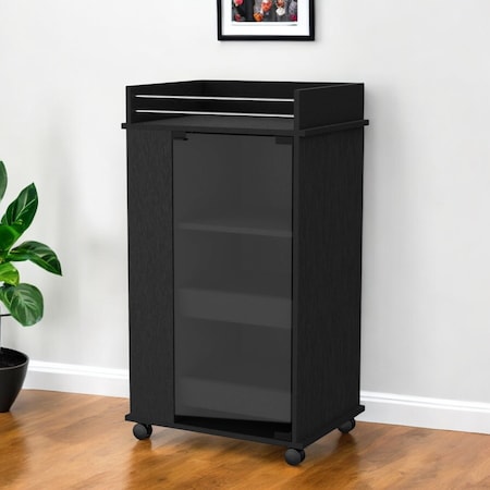 Homeroots 22" Black And Clear Wood And Glass Rolling Bar Cart 535107