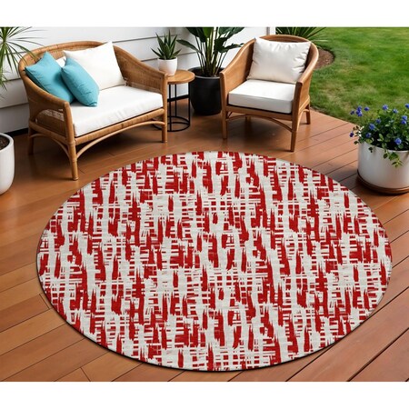 Homeroots 8' Red And Ivory Round Abstract Washable Indoor Outdoor Area Rug 602517