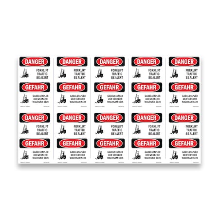 Signmission OSHA Danger Sign, 5" Height, Forklift Traffic Be Alert Bilingual, DS-D-35-VG-1265-10PK OS-DS-D-35-VG-1265-10PK