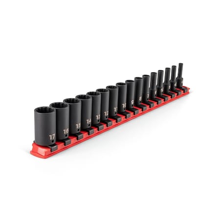 Tekton 1/4 Inch Drive Semi-Deep 12-Point Impact Socket Set with Rail, 16-Piece (4 - 17 mm) SID90110