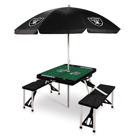 Picnic Time Family Of Brands Las Vegas Raiders - Picnic Table Portable Folding Table with Seats and Umbrella, (Black) 811-02-175-235-2