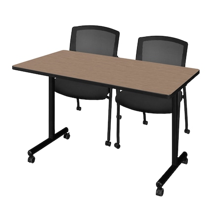 Regency Kobe Mobile T-Base Training Seminar Table W/ 2 Knight Mesh Chairs, 48 in W, 24 in L, Noble Oak MKTRCC4824NO56CBK