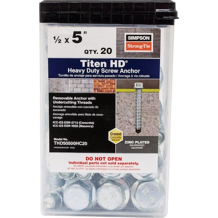 Simpson Strong-Tie Titen HD 1/2''x5'' Hvy Dty Screw Anchor, 20-Qty THD50500H