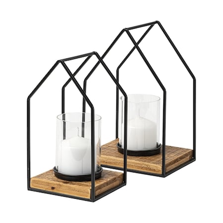 Homeroots Set of Two Black And Brown Distressed Geometric Metal Tabletop Lantern Candle Holders, 2PK 608561