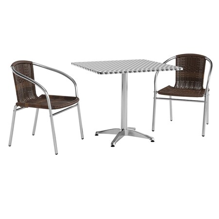 Flash Furniture Square Table Set, 31.5 W, 31.5 L, 27.5 H, Aluminum, Plastic, Rattan, Stainless Steel, Grey TLH-ALUM-32SQ-020CHR2-GG