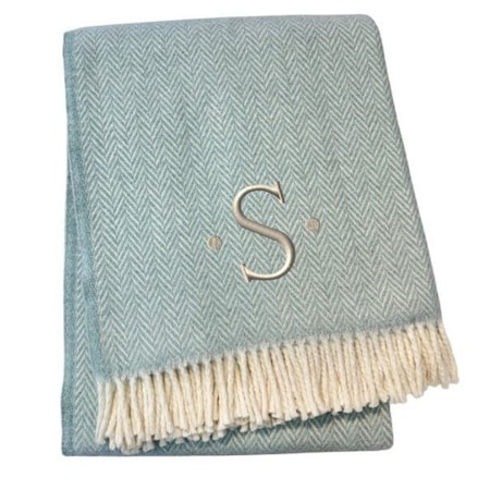 Homeroots 55" X 70" Sky Blue White Herringbone Cotton Blend S Initial Throw Blanket with Tassels Embroidery 680584