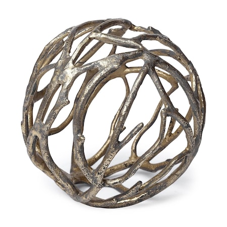 Homeroots 7" Antiqued Gold Rustic Tree Branch Aluminum Orb Tabletop Sculpture 392471