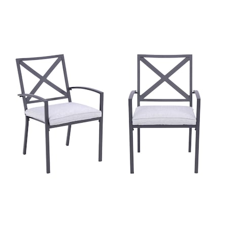Homeroots Set of Two Dark Gray Aluminum Outdoor Stacking Dining Chairs with Light Gray Cushion, 2PK 489550