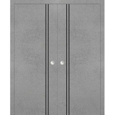 Sartodoors Modern Double Pocket Doors, Planum 0016 Concrete and Aluminum Strips, Kit Trims Rail Hardware, Soli PLANUM0016DP-BTN-36