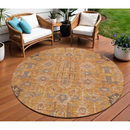 Homeroots 8' Terra Cotta Beige And Gray Round Oriental Washable Indoor Outdoor Area Rug 582142