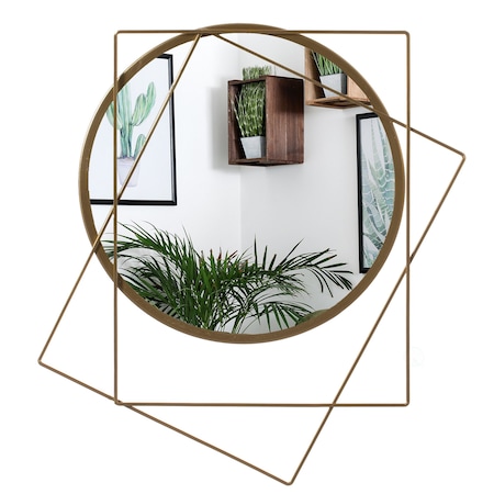 Uniquewise Decorative Circle with 2 Squares Shaped Gold Metal Frame Wall Mounted Modern Mirror QI004580