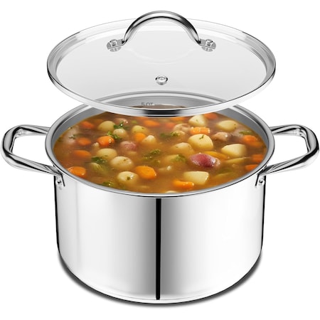 Emporio Kitchen Stainless Steel 5QT Stockpot with Glass Lid, Even-Heat Base, Riveted Handles, Oven Safe EMPKSSTKP55