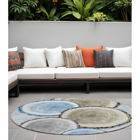 Homeroots 8' Round Blue Gold and Gray Round Faux Bois Washable Non Skid Indoor Outdoor Area Rug 564406