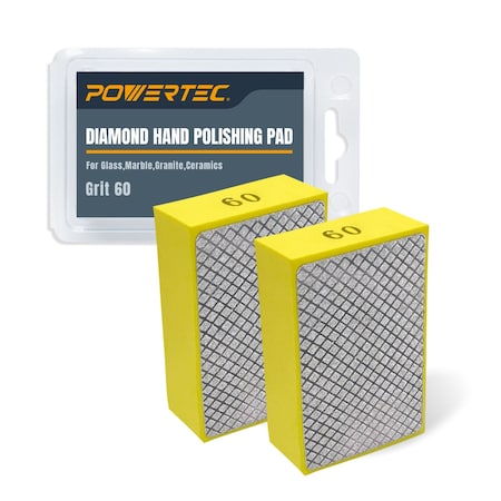 Powertec Diamond Hand Polishing Pads, for Polishing & Grinding Porcelain, Ceramic Tile, Glass, 60 Grit, 2PK 71904-P2N