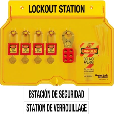 Master Lock Lockout Station, 18 Components: Hasps (2), Padlocks (4), Tags (12), Keyed Different, Yellow 1482BP410