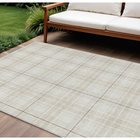Homeroots 9' X 12' Ivory Beige And Brown Plaid Washable Indoor Outdoor Area Rug 597115