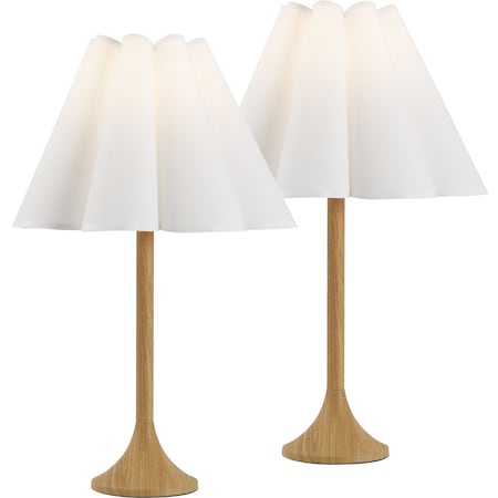 Jonathan Y Abel 25.5" Modern Coastal Pleated Shade Faux Wood Column LED Table Lamp, Brown Wood Finish, 2PK JYL5401A-SET2