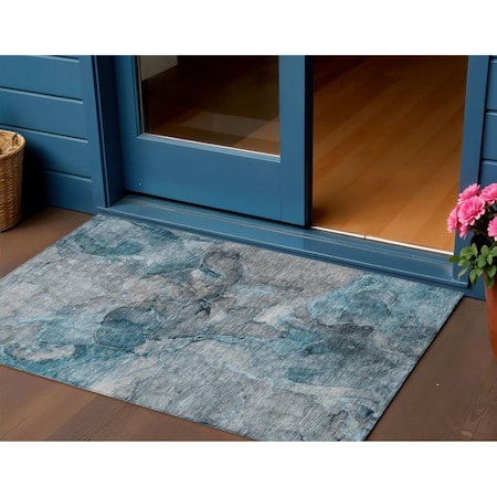 Homeroots 3' X 5' Teal Blue And Navy Blue Abstract Washable Indoor Outdoor Area Rug 581773