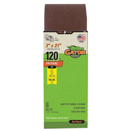 Gator Finishing Red Resin 3 x 21 in. Sanding Belt, 120 Grit, Fine, 5PK 7010GA