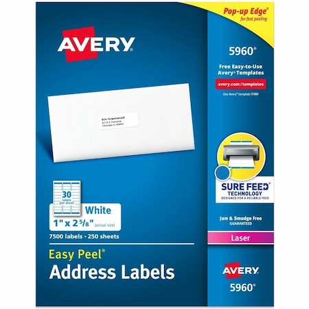 Avery Easy Peel Laser Address Labels, 1 x 2-5/8, White, 7500/Box 5960