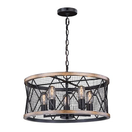Vaxcel Bremerton 5 Light Black and Wood Cage Drum Chandelier H0207