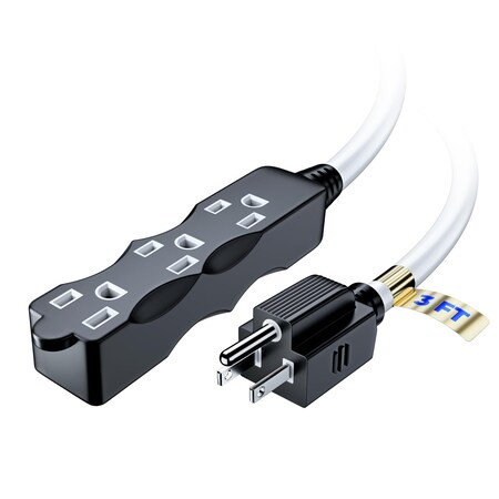 Maximm 3ft 16AWG 3-Outlet Indoor Extension Cord, ETL, White/Black IGR-LA004H-LA052DA-03-WHBK