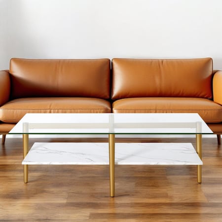 Homeroots 47" White And Gold Glass And Steel Coffee Table With Shelf 521622