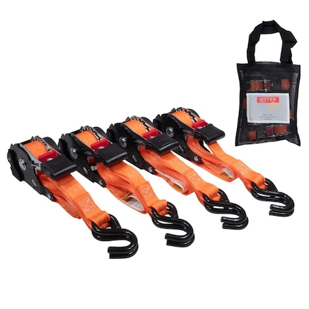 Mytee Products 1in x 12ft Auto Re-Tractable Ratchet Straps with Zinc Coated S hook - Orange RS112R-OR4PK