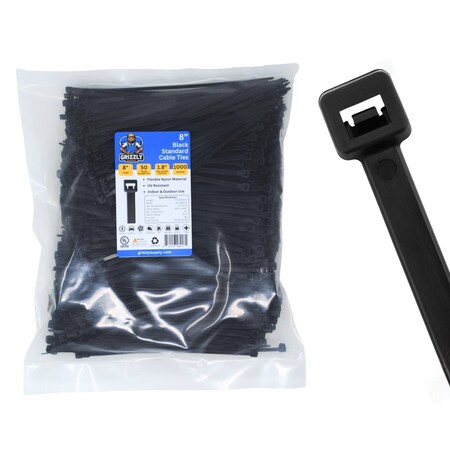 Grizzly Supply Cable Tie, 8 in L, 50 lb Strength, 2.2 in Max Bundle Dia, Nylon 6/6, UV Resistant, Black, 1000PK GS-S8-50-0M