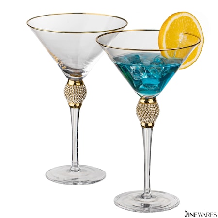 Dinewares 2 Piece Premium Clear Stem Crystal Martini Glasses with Gold Rim and Diamond-like QI004760.GD.2