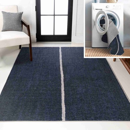 Jonathan Y Linja Solid Centre Stripe Non-Slip Machine-Washable Navy/Gray 3 ft. x 5 ft. Area Rug WSH117A-3